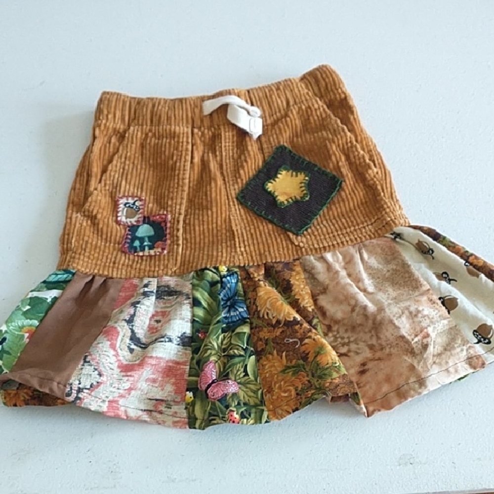 Patchwork Corduroy Ruffle Skirt in Mustard